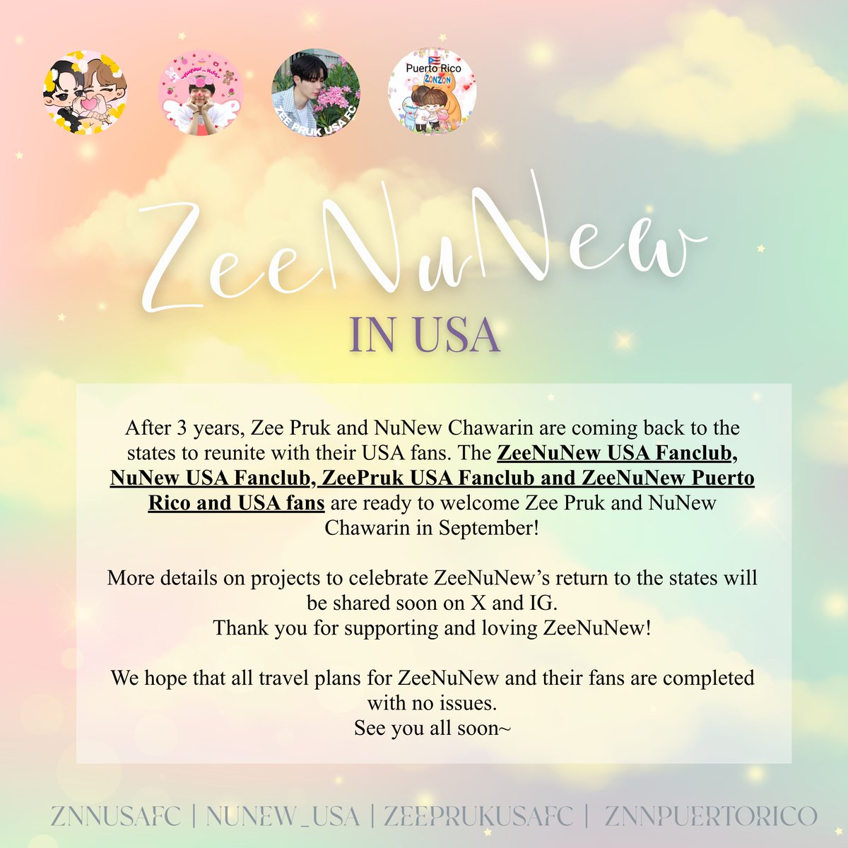 ZeePrukUSAFC's tweet photo. We are happy to welcome #ZeeNuNew back to the USA! 🇺🇸

Promoter @heykohai has confirmed Zee Pruk and NuNew Chawarin will be visiting Las Vegas on September 4 and New York City on September 6.

#ZeeNuNewinUSA
#ZeeNuNew #ZeePruk #Zunshine
#NanaNu #ZonZon #ซนซน https://t.co/c4Y6pNVGds