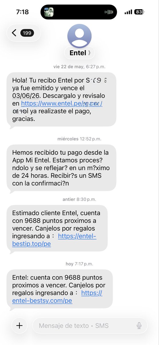 hatunruna_'s tweet photo. Hola @entelperu ¿qué es eso de los puntos por vencee? Los SMS fueron enviados desde su número oficial. https://t.co/TpTUysPYxy