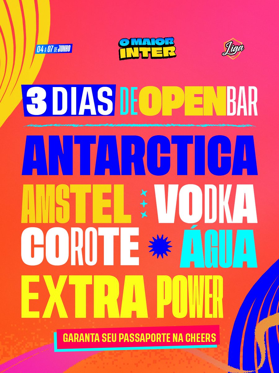 omaiorinter's tweet photo. O OPEN BAR TÁ CONFIRMADO! 🍻

• Amstel &amp; Antarctica
• ⁠Vodka
• Corote
• ⁠Extra Power
• ⁠Água

Tudo isso para você aproveitar três noites históricas do início ao fim. 🐝🔥

📍Arena Multiplace
⏰ 22h às 5h

🎟️ Pacotes em até 6x sem juros na Cheers https://t.co/Si5F3KTkz9