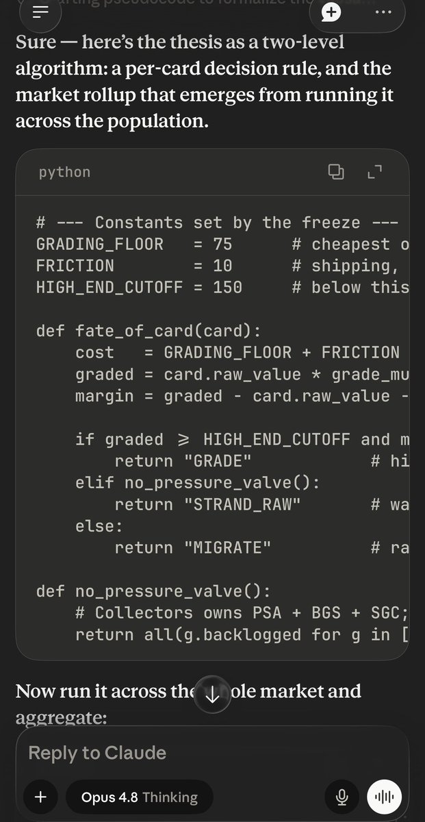 VirtualTal's tweet photo. @CardPurchaser def fate_of_card(card):
    cost   = GRADING_FLOOR + FRICTION
    graded = card.raw_value * grade_multiplier(card)   # expected slab value
    margin = graded - card.raw_value - cost

    if graded >= HIGH_END_CUTOFF and margin > 0:
        return "GRADE"            # high end: https://t.co/mtZPCAg71Y