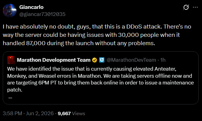gammaknight1's tweet photo. Marathon players have psyopped themselves into believing there is a cabal of d3 superhackers knocking marathon offline instead of Bungie just shitting themselves(famously has never happened before) https://t.co/8jAwrlYvKk