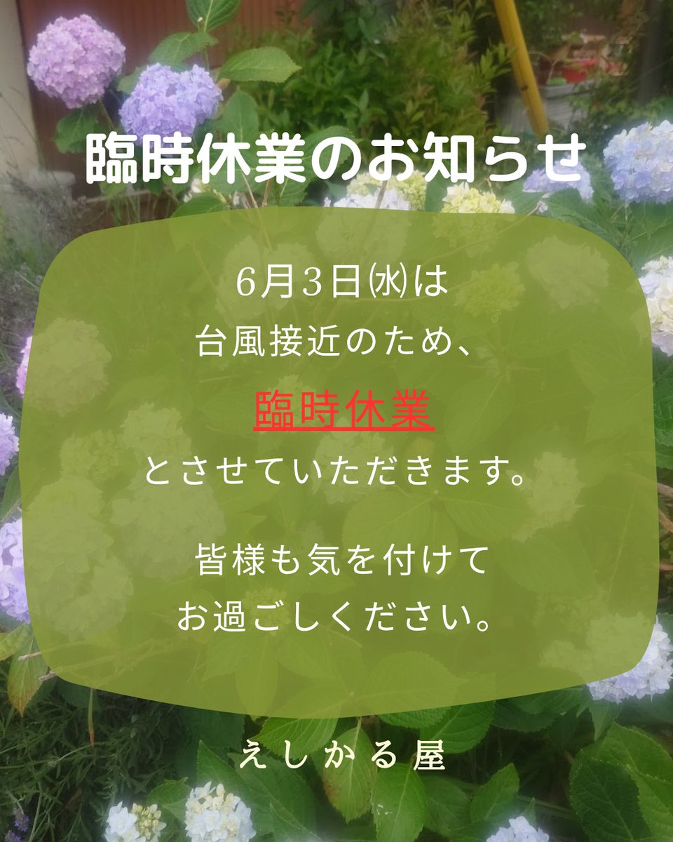 ethicalya's tweet photo. ６月３日㈬は台風接近のため、臨時休業とさせていただきます。

直前のご連絡にになりまして大変申し訳ございません。
皆様も安全にお過ごしください。 https://t.co/EVNCoNqT1e