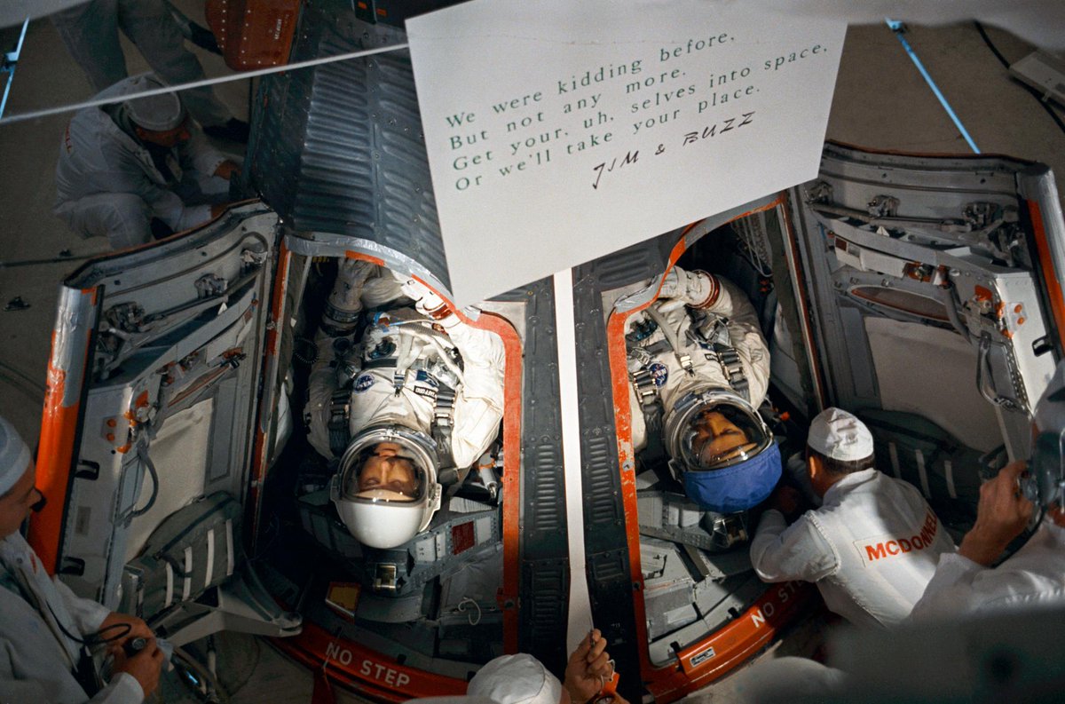 NASAhistory's tweet photo. After a number of setbacks, astronauts Tom Stafford (left) and Gene Cernan strapped into their Gemini spacecraft for the third time OTD 60 years ago, ready to begin the Gemini IX-A mission. 

The Gemini IX backup crew, Jim Lovell and Buzz Aldrin, left a poem taped on their spacecraft (seen in the foreground) with a little extra incentive to successfully launch.

The mission lifted off at 8:39 am on June 3, 1966. Their next task: rendezvous with an "angry alligator."
