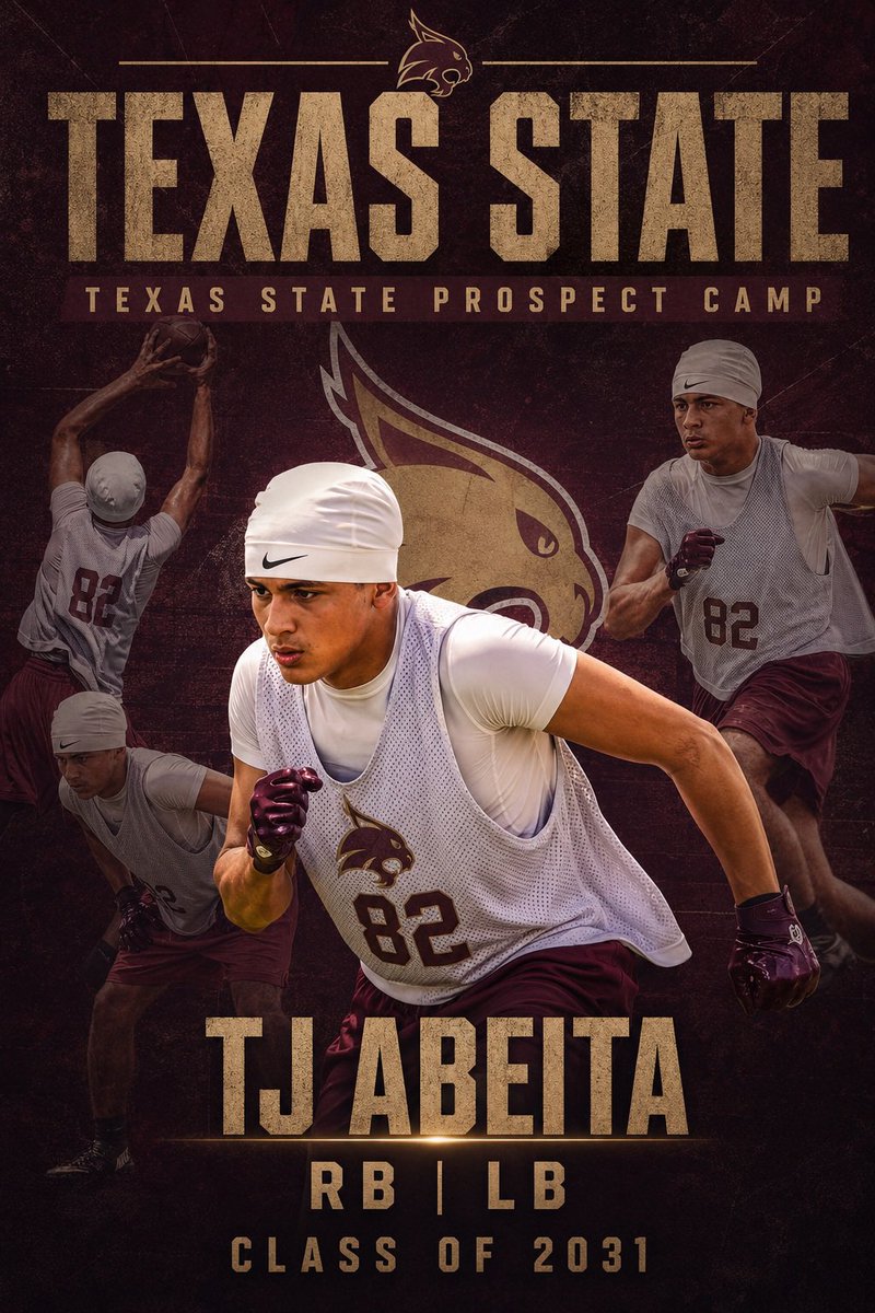 TjAbeita's tweet photo. Excited to attend @TXSTATEFOOTBALL prospect camp June 8th! Time to show out ! Eat ‘em up cats! #AGTG #TexasState #Bobcats https://t.co/oxdGfPUbAJ