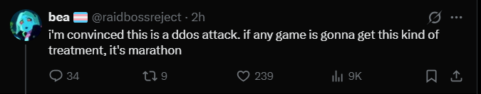 gammaknight1's tweet photo. Marathon players have psyopped themselves into believing there is a cabal of d3 superhackers knocking marathon offline instead of Bungie just shitting themselves(famously has never happened before) https://t.co/8jAwrlYvKk