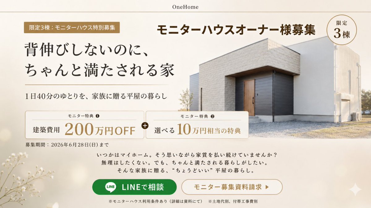 OneHomeLetter's tweet photo. 限定3棟モニターハウスオーナー様募集🏡
「背伸びしないのに、ちゃんと満たされる」
そんな理想の平屋が【月々7万円台〜】から叶うチャンス✨
🎁豪華2大特典
・建築費用200万円OFF
・選べる10万円相当の特典
📅募集：2026年6月28日(日)まで
まずは無料の【モニター募集詳細資料】をご請求ください！ https://t.co/g91drdElLK