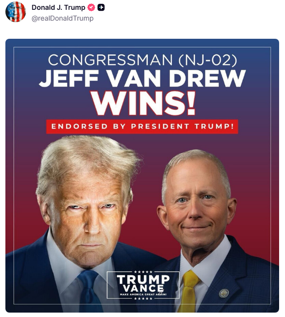 EricLDaugh's tweet photo. 🚨 NOW: 3 Trump candidates WIN their New Jersey primaries

Expect President Trump's endorsement record to go up EVEN more tonight https://t.co/24HWSv4vnZ