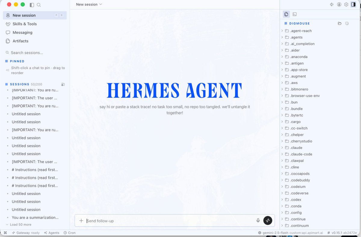 MouseDig's tweet photo. hermes agent的桌面客户端，支持跨平台，比之前的web版本清爽很多，而且安装只需要next，next，next
https://t.co/YmXwbt3fcQ https://t.co/TYvmF0iC40
