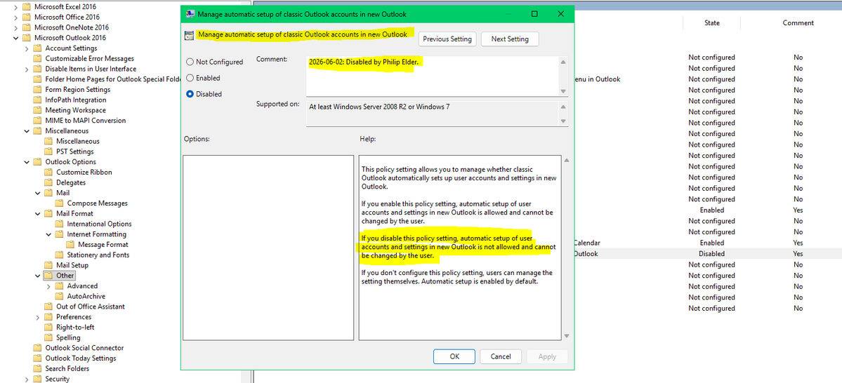 MPECSInc's tweet photo. ACTIVE DIRECTORY GROUP POLICY: BLOCK NEW OUTLOOK

Download and update your Group Policy Central Store with the new ADMX files for Office 2024:
https://t.co/J0t6SBInwJ

From there, set:
Manage Automatic setup of classic Outlook accounts in new Outlook: DISABLED

It goes without saying that we should not have to opt out of the pilfering of our user's logon name, password, and entire mailbox contents up to the Microsoft Mother Ship.

But we do.😡