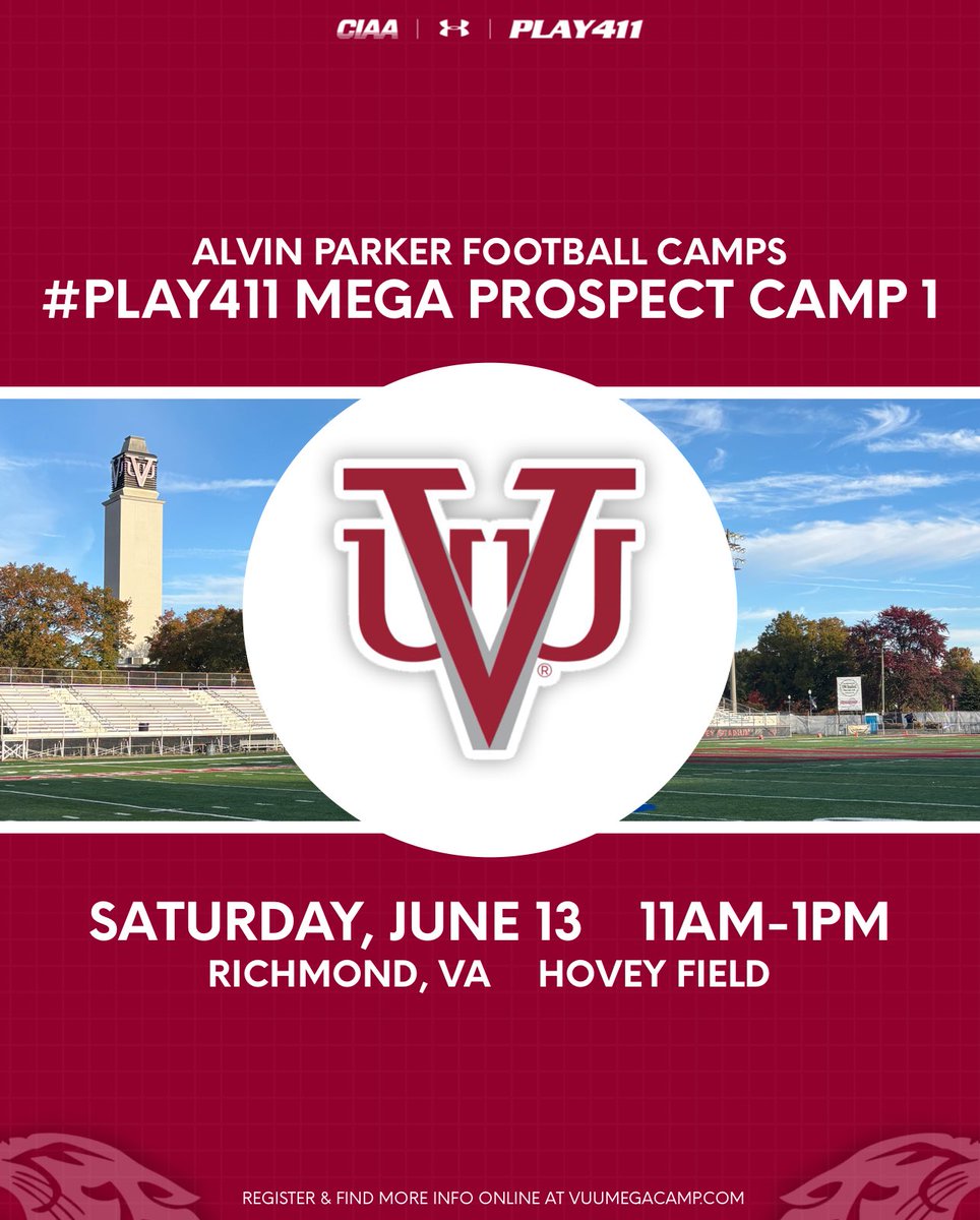 VUU_Football's tweet photo. The #PLAY411 Mega Camp is coming to Hovey Field June 13‼️

Come compete, get coached, and get evaluated. Your opportunity is waiting… now it’s time to WORK. 💪🏾

Spots are filling up, get registered TODAY!

🔗 https://t.co/PXqNcDct2M https://t.co/Oz9TiasHRd