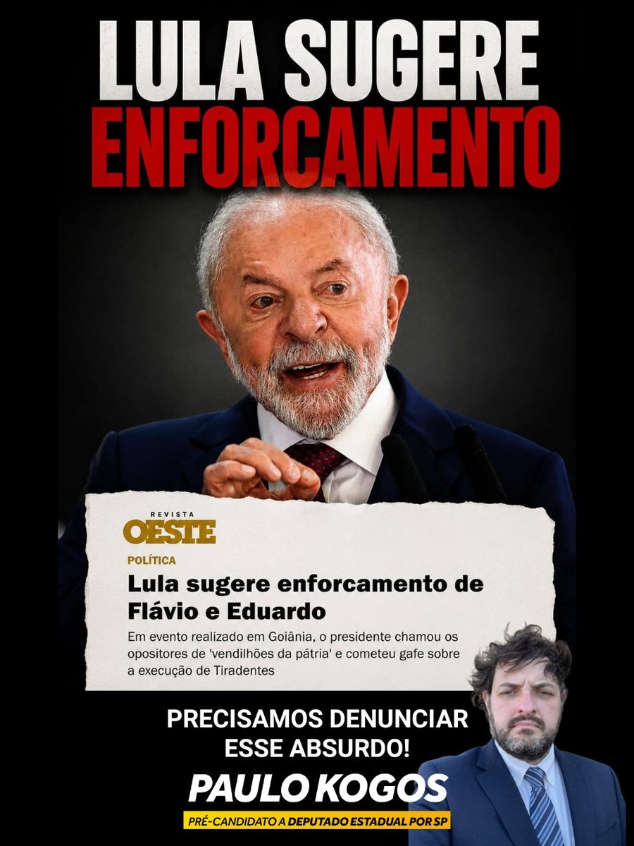 opropriokogos's tweet photo. Lula perdeu completamente a vergonha e agora quer matar quem faz oposição ao seu governo.

Pedir o enforcamento de Flávio e Eduardo Bolsonaro é um absurdo inaceitável. 

A ditadura brasileira claramente não se importa mais em ser vista como uma ditadura. De ditadura escancarada progrediram para uma ditadura desavergonhada. 

Ou tiramos os tiranos do poder, ou em breve eles irão tentar fazer o que falam, e efetivamente irão começar a matar os opositores. 

Chegamos ao ponto onde ou lutamos pela nossa independência face os tiranos, ou teremos a nossa morte nas mãos deles. É independência ou morte.