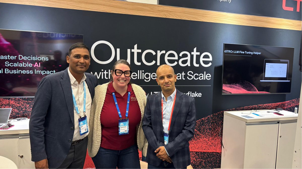 ltm_ofcl's tweet photo. The energy at Booth 1102 has been incredible today!

From a booth visit by Snowflake's CMO, Denise Persson, to our panel discussion featuring Zubair Mohammed (Honeywell), Kundan Kishore (onsemi), Thanikai Sokka (Snowflake), and LTM's own Narayan Kamat, to live solution demos and engaging customer conversations, the interest in how organizations are scaling intelligence across the enterprise has been remarkable.

AI, Agentic AI, Snowflake Cortex — the conversations are real and the momentum is clear.

At Snowflake Summit? Stop by Booth 1102 to explore our latest solution showcases, meet our experts, and see how LTM is helping enterprises Outcreate with intelligence at scale.

#LTM #SnowflakeSummit2026 #ItsTimeToOutcreate