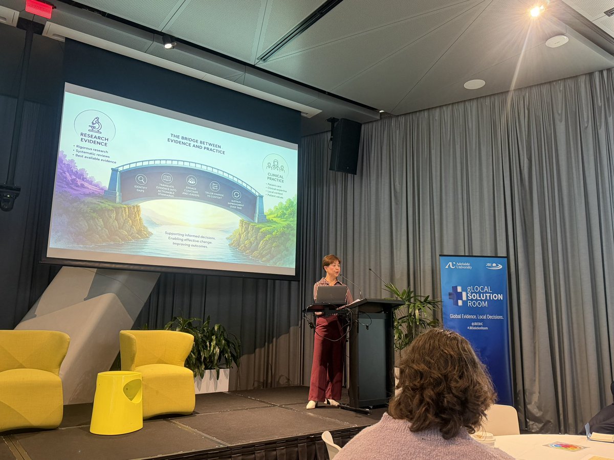 they__call_me_V's tweet photo. Learning with others at #JBISolutionRoom in Adelaide, Australia about how do we tackle ‘the middle space between knowing and doing’ presented by Lucylynn Lizarondo, PhD from @JBIEBHC https://t.co/OUaUMT2bou