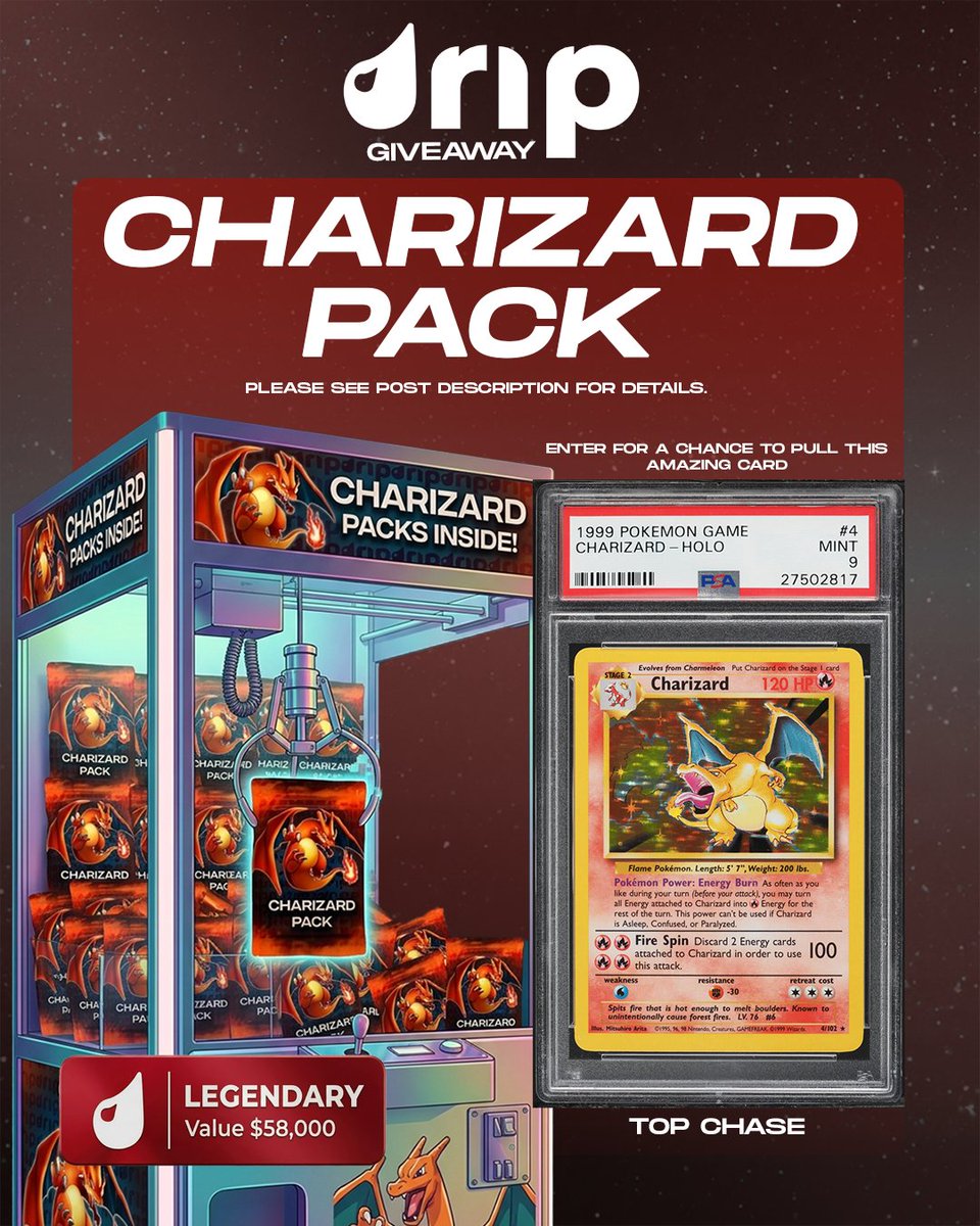 dripshop_live's tweet photo. 48 HOUR GIVEAWAY 🔥
1x Charizard Instant Pack

Top Chase:
$58,000 1999 BASE SET CHARIZARD HOLO PSA 9

💙 LIKE &amp; follow @dripshop_live 💙
🔁 RETWEET 🔁
✍️ TAG A POKEMON COLLECTOR ✍️
👍 -UNLIMITED TAGS- 👍
⏰ WINNER PICKED JUNE 4TH 5:30PM PST https://t.co/gdi6qKl8Mh