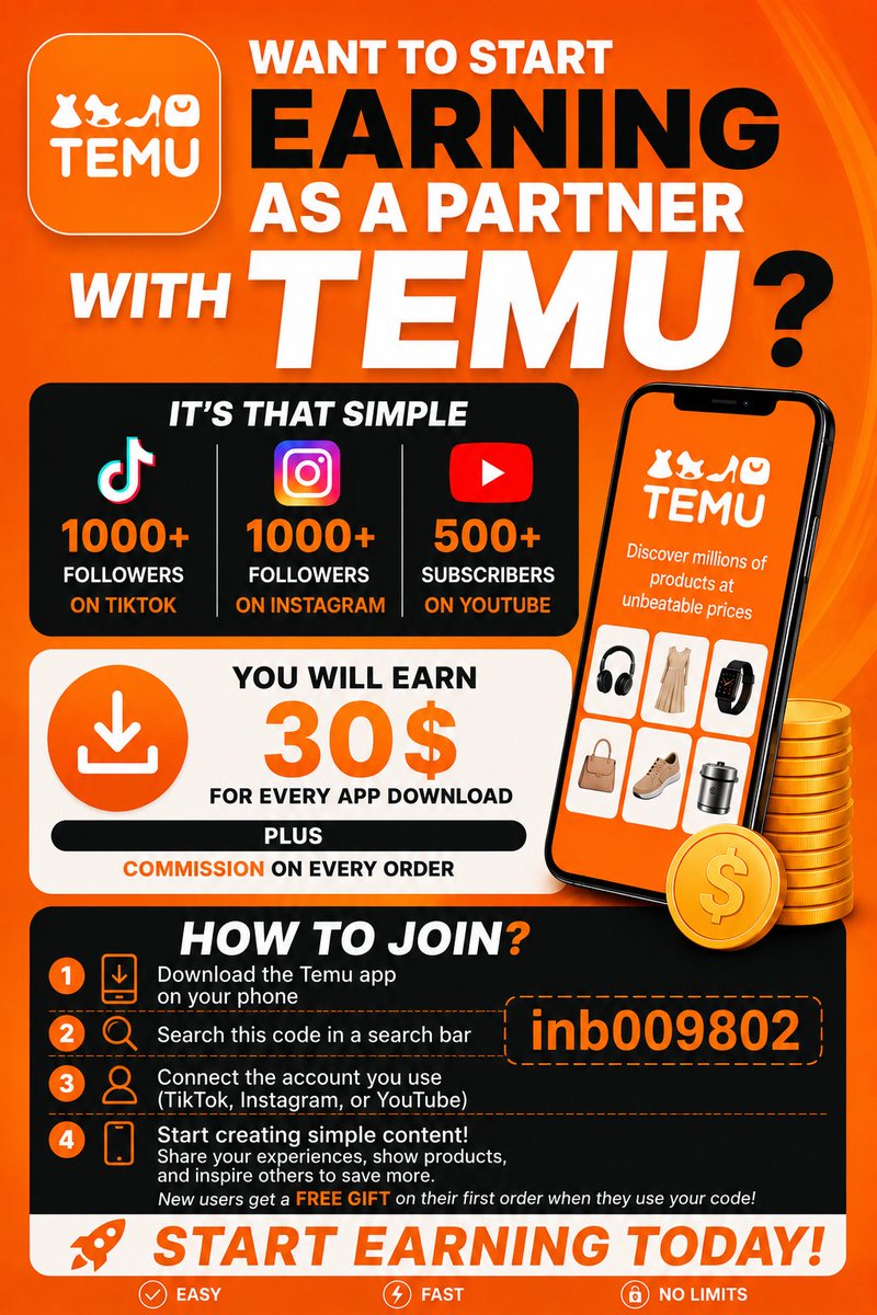 Kakowaves's tweet photo. 🔥 TEMU currently offers one of the highest affiliate payouts on the market. Up to $30 for a single app download.

The requirements are simple:
✅ Just 1,000 followers on social media (TikTok, Instagram, or YouTube)

On top of that, you'll earn:
💰 Commissions from orders placed by users you refer
🎁 Free products to create content with
🚀 Access to one of the fastest-growing affiliate programs online
Interested?

Apply here:
https://t.co/nPdznhzABa
Or simply open the TEMU app and search this code in the search bar:
🔎 inb009802

Start earning today. 💸
#Temu #AffiliateMarketing #ContentCreator #UGC #MakeMoneyOnline #TikTokCreator #InstagramCreator #YouTubeCreator #SideHustle #PassiveIncome