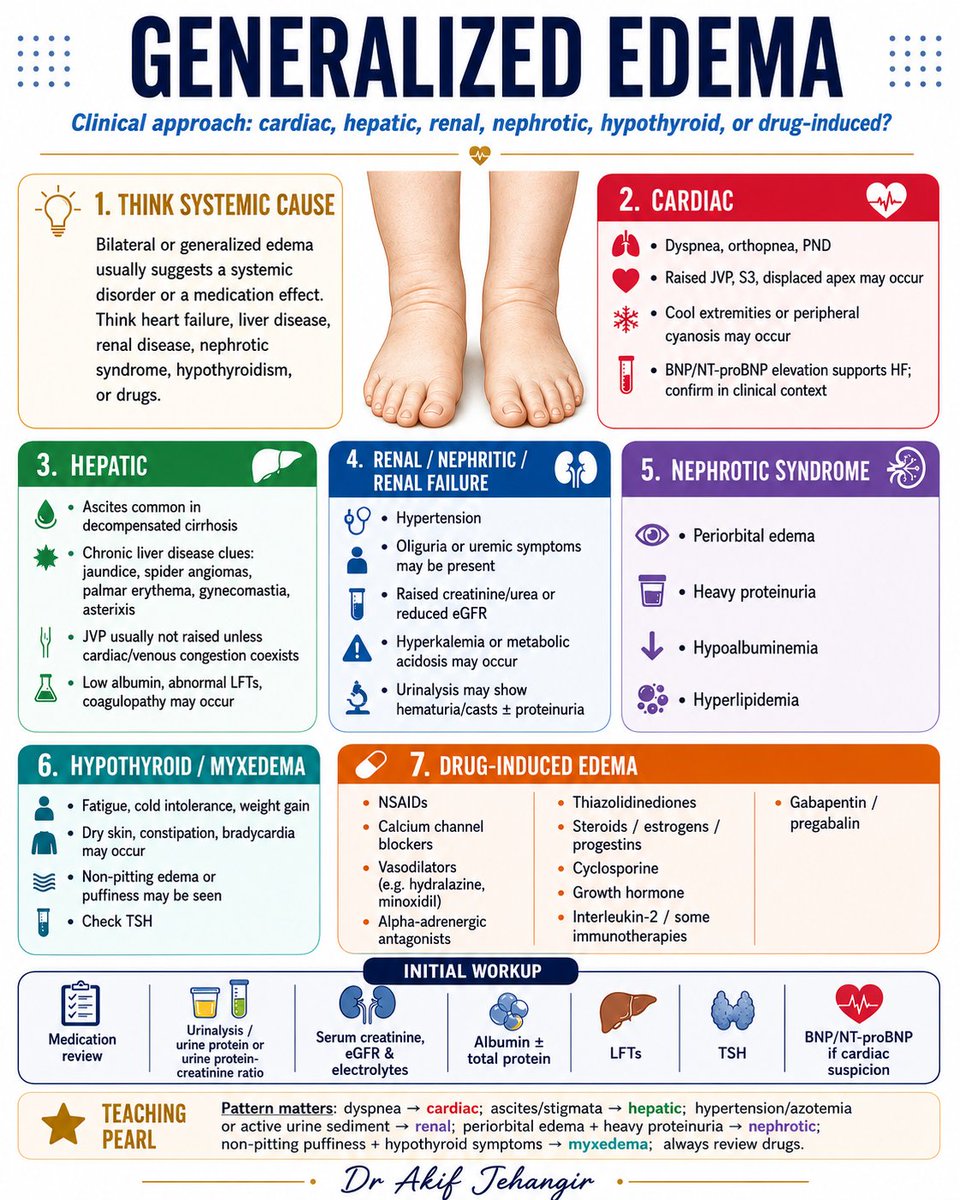 pgMedicine's tweet photo. Generalized edema is a clinical clue—pattern recognition helps localize the cause: cardiac, hepatic, renal, nephrotic, hypothyroid, or drug-induced.

Like, repost, and follow for more high-yield internal medicine teaching.

#InternalMedicine #MedicalEducation #Edema https://t.co/nR4HsxBBno