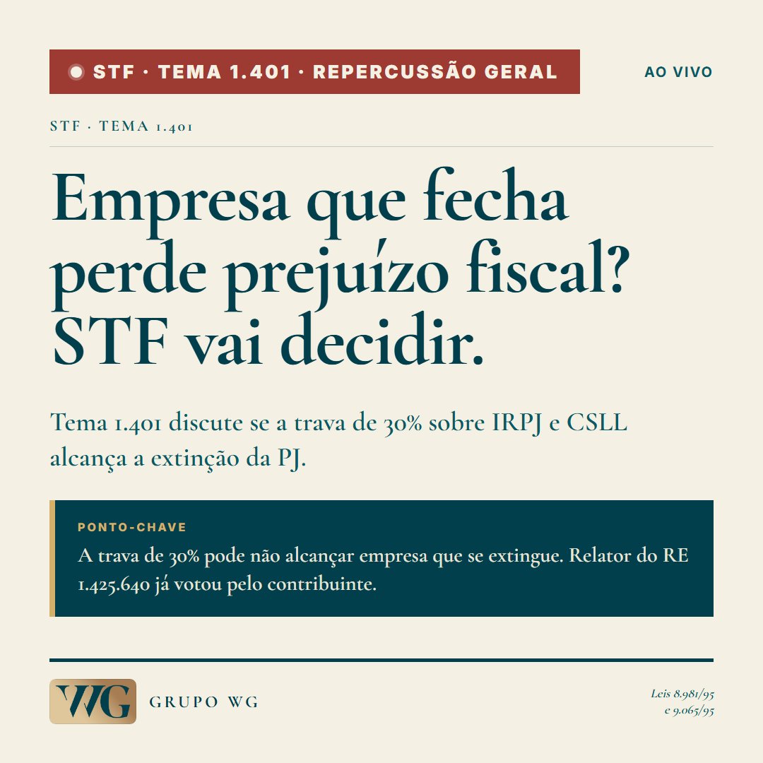 lwg86's tweet photo. STF vai decidir se trava de 30% sobre prejuízo fiscal alcança a extinção da PJ. Relator (Min. André Mendonça) já votou pelo contribuinte.
Tema 117 cobriu a empresa em atividade. Tema 1.401 cobre o vácuo da extinção. RE 1.425.640.
#STF https://t.co/MWG3IsTq12