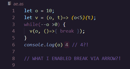 n0coder's tweet photo. i wanted to break out of a loop via arrow function
it proves i can pull on an exit condition without throwing

this means we have more flexible loop exits even as far as to conditionally exit for reasons outside the core loop structure without throwing https://t.co/f1cRJiKQgb