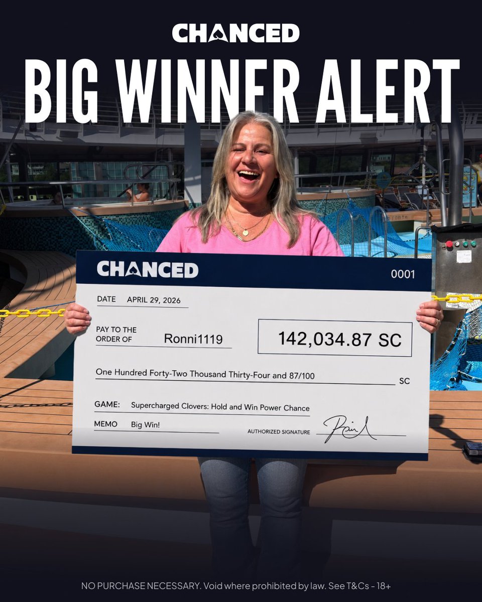 RealChanced's tweet photo. We CHECKED in with our recent Power Chance jackpot winner Rhonda, who's having a fantastic time on her cruise! 🛳️ https://t.co/TllNY3Wlml