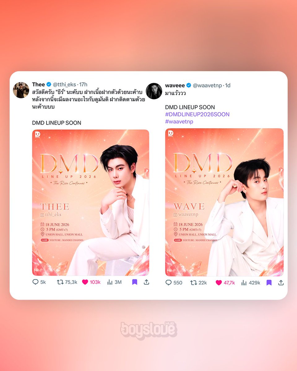 boyslovehub's tweet photo. LEAD THE BUZZ! #TheeWave’s DMD line-up announcements are currently the most-liked off all.

Thee’s post alone has surpassed 100,000 likes in less than 24 hours. https://t.co/klSY4OQn1q