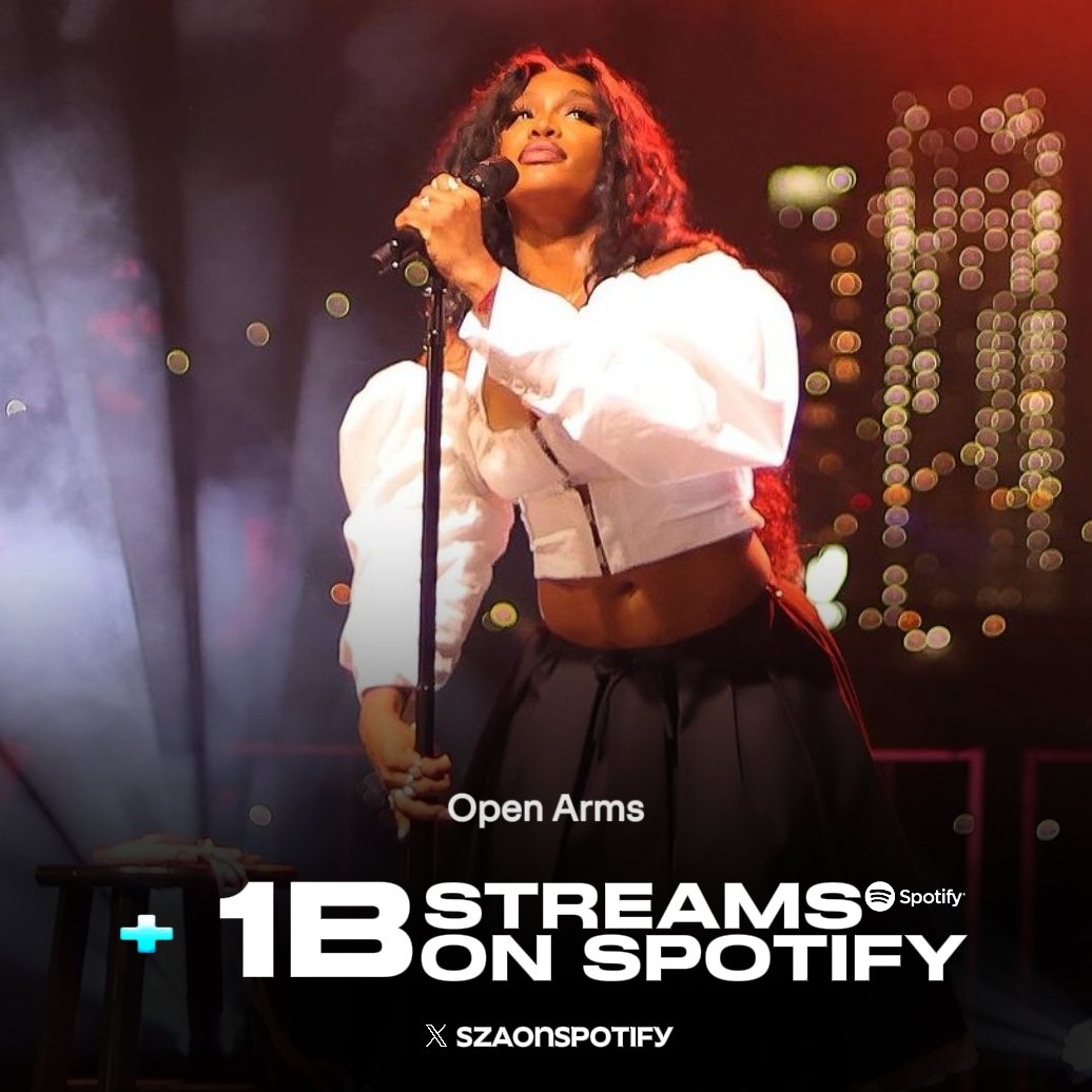 SZAOnSpotify's tweet photo. “Open Arms” has surpassed 1 BILLION streams on Spotify. It's @SZA’s 11th song to hit the milestone and the first non-single song by a black female artist to achieve it. https://t.co/0ADVkTe2Rf