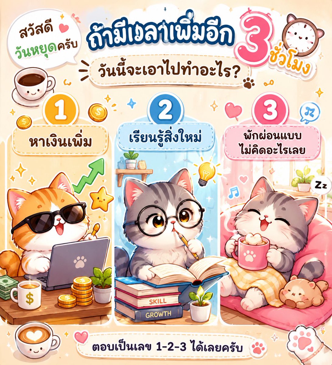 boonsp_aia's tweet photo. ☕ อรุณสวัสดิ์วันหยุดครับ
ถ้ามีเวลาเพิ่มอีก 3 ชั่วโมง วันนี้จะเอาไปทำอะไร?
1️⃣ หาเงินเพิ่ม
2️⃣ เรียนรู้สิ่งใหม่
3️⃣ พักผ่อนแบบไม่คิดอะไรเลย
ตอบเป็นเลข 1-2-3 ได้เลยครับ 👇
#สวัสดีวันหยุด #HappyWeekend #BoonFinancialAdvisor #Goodmorning https://t.co/3YtvFJXPp0