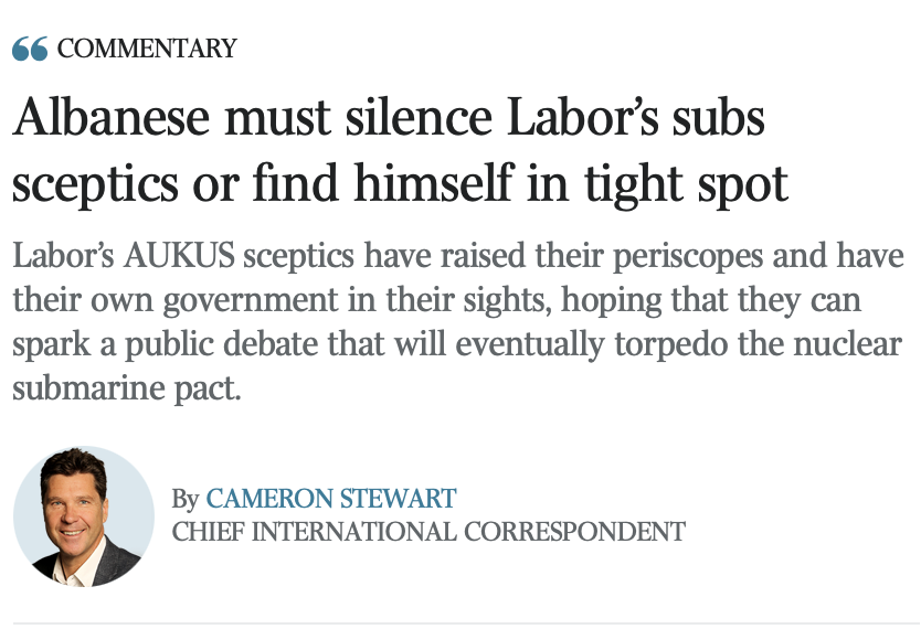 IRanalyst's tweet photo. Reflexive censorship. 

Instead of recognising the mistake of avoiding public consultation and scrutiny of AUKUS subs, Cameron Stewart recommends critics be silenced https://t.co/pwzYFxt0ya