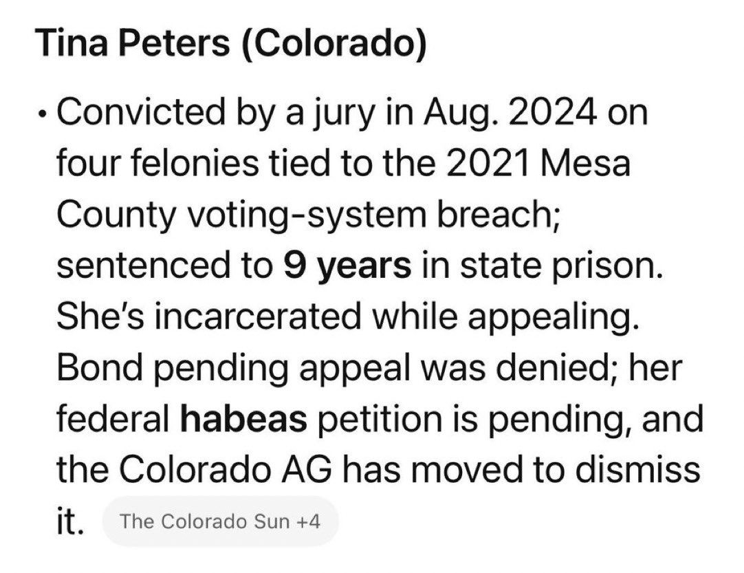 ConLawII's tweet photo. @Real_RobN Bullshit. Tina Peters was convicted in state court of four state felonies. She received a sentence of nine years in prison, which is exactly where she belongs. https://t.co/OzfhwwWLo9