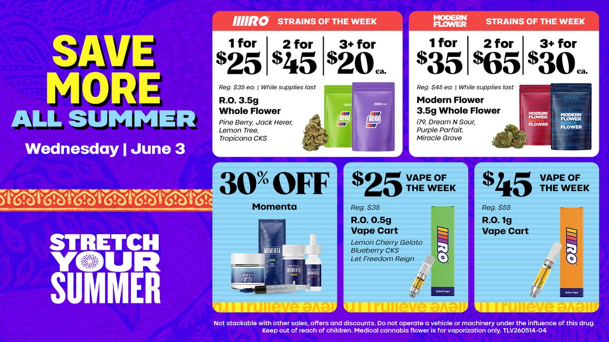 TrulieveWV's tweet photo. Big savings, better sessions.🌿 From fresh flower to flavorful vapes, this week’s lineup at Trulieve has you covered: https://t.co/JQzSEarzwG https://t.co/0yL0xI6ZOZ