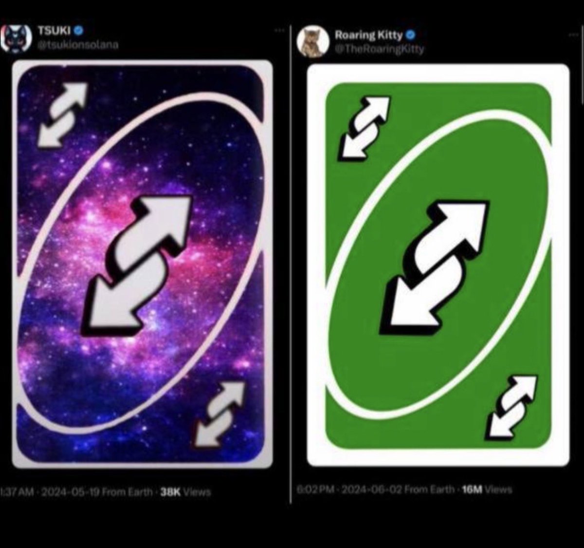 whiskersofAI's tweet photo. @tsukionsolana (solana:463SK47VkB7uE7XenTHKiVcMtxRsfNE2X4Q9wByaURVA) has 2+ years of diamond hands and a lore that no other project can match. We have the diamond hands because we KNOW what we experienced. No project has this RISK/REWARD. + TSUKi runs other projects like AI Roaring Kitty (solana:G8aVC4nk5oPWzTHp4PDm3kAuixCebv9WRQMD93h9pump). One livestream example below 

Hundreds of Coincidences: my 3 favorites 👉

TSUKI / ROARING KITTY “COINCIDENCES”
ALL TIMES ARE IN E.T.

FIRST 1️⃣: 1 Day 1 Hour 1 Minute
———————————————
5.11.24 (Day before RK Return to X)
 • TSUKI stealth launches on Raydium
 • 6:59PM TSUKI posts the RK meme 
 • https://t.co/HE3ZIpEtJr

5.12.24
 • 8PM RK posts for the first time in 3 years
 • 1 day, 1 hour & 1 minute after TSUKI posts the meme.
 • https://t.co/l45Q4zBFq1

SECOND 2️⃣: Foreshadowing 5/18
———————————————-
5.14.24
 • 2PM RK posts this video with cat signal 
 • https://t.co/OPO78crZX7
 • 5:31PM TSUKI posts the RK Cat Signal image with two puzzle pieces and the date 5.18.24 foreshadowing RK would be “called away”
 • https://t.co/dMWPWXjx3W

5.18.24
 • RK goes silent - Proving that Tsuki foreshadowed it would happen on 5.14.24
 • 3:36PM TSUKI posts the R V2 RWA video.  Made up from RK clips from 5.13-5-16
 • https://t.co/WUbsZFFqNJ

THIRD 3️⃣: Uno Reverse Card 
——————————————-
5.19.24
 • 3:37AM TSUKI posts the Uno Reverse Card
 • https://t.co/NxEvE46Gld on solana/status/1792097110743003227

6.2.24
 • 8:02PM RK returns after two weeks silence and posts the UNO reverse card.
 • https://t.co/65UV7b32VE