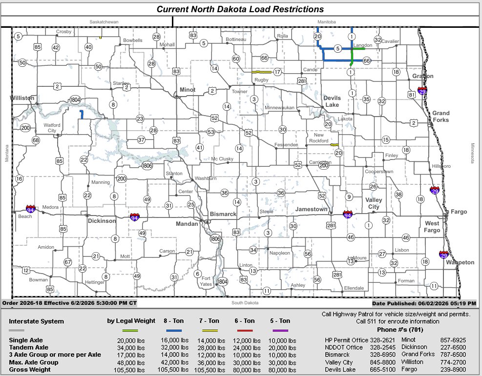 NDPermits's tweet photo. New map was added this evening. ND 15 was added back by the junction of 15 &amp; 20 for approximately 6 miles. #NDPermits https://t.co/GTrPHx423z