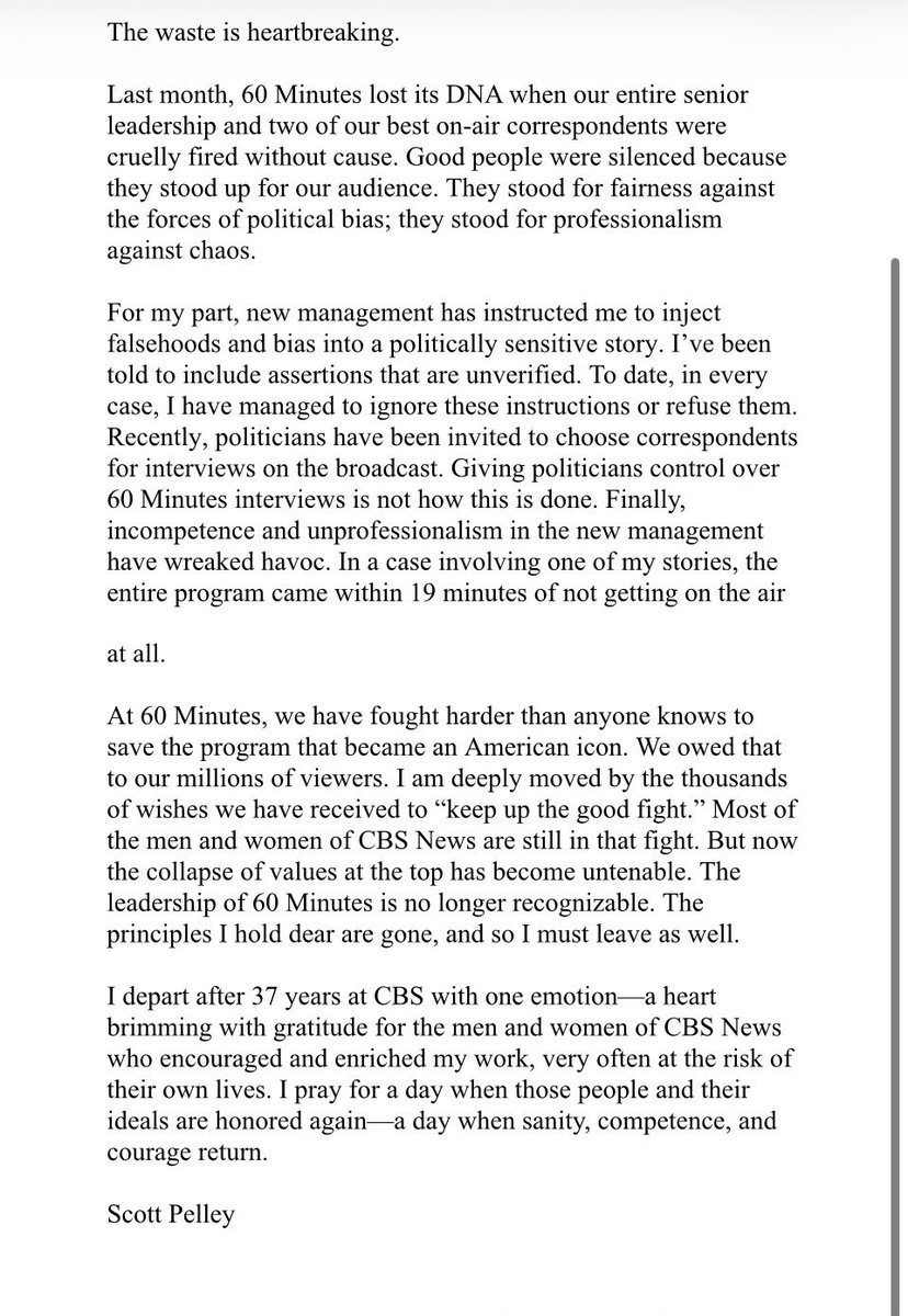 davidfolkenflik's tweet photo. NEWS: Just fired veteran correspondent Scott Pelley says 60 Minutes has lost its DNA

He alleges new CBS News management "instructed me to inject falsehoods and bias into a politically sensitive story" this season. (He says he ignored or refused.) 

FULL STATEMENT https://t.co/bkNj3xw9Xd