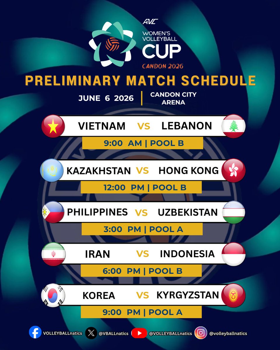 VBALLnatics's tweet photo. 2026 AVC WOMEN'S CUP IN CANDON

2 DAYS TO GO! The updated Preliminary matches for the 2026 AVC Women's Cup from JUNE 6-12 at the Candon City Arena 🏐

#AVCCup2026
#volleyball 
#ALASPILIPINAS https://t.co/N3PshLzvwQ