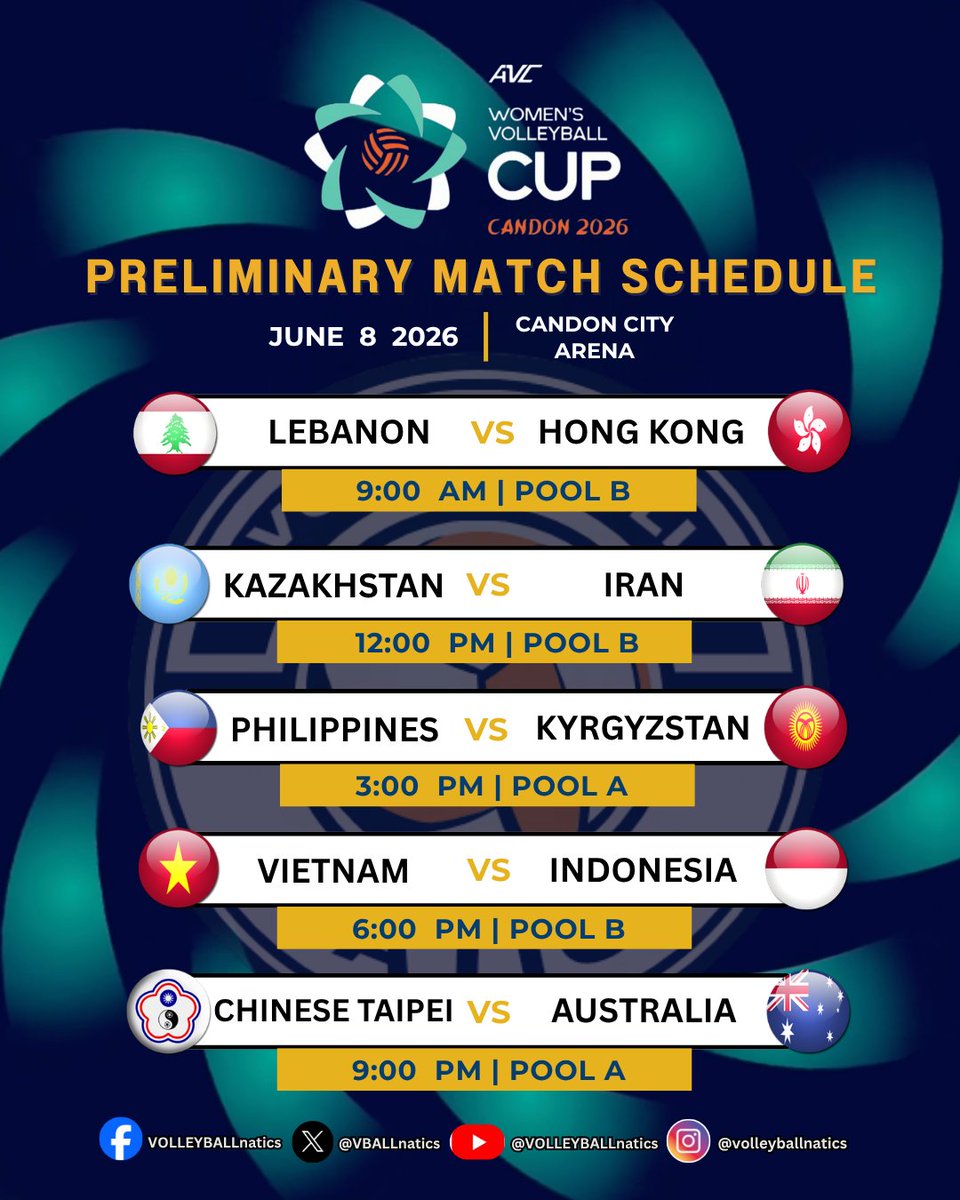 VBALLnatics's tweet photo. 2026 AVC WOMEN'S CUP IN CANDON

2 DAYS TO GO! The updated Preliminary matches for the 2026 AVC Women's Cup from JUNE 6-12 at the Candon City Arena 🏐

#AVCCup2026
#volleyball 
#ALASPILIPINAS https://t.co/N3PshLzvwQ