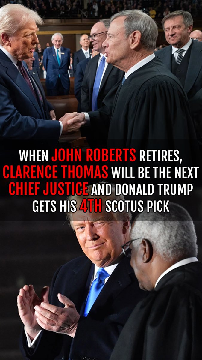RobertKilroy12's tweet photo. When #JohnRoberts retires, #ClarenceThomas will be the next Chief Justice and Donald #Trump gets his 4th #SCOTUS pick. (Roberts will retire before the midterms) https://t.co/Z9NSw5QMba