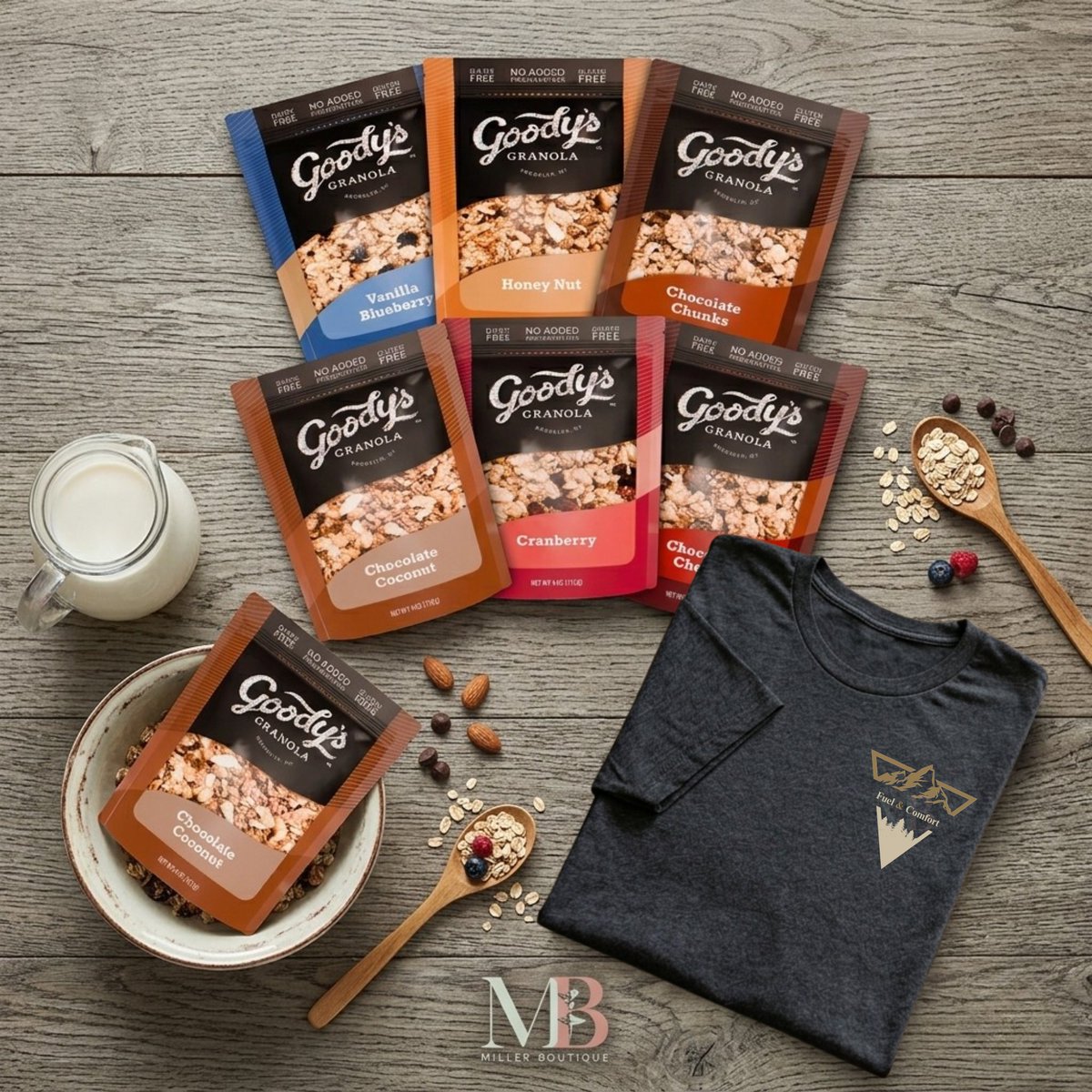 MillerBTQ's tweet photo. The secret is OUT! 🏔️✨ I partnered with @GoodysGranola  for an exclusive, limited-edition Fuel & Comfort Bundle! 🥣👕

Pick your size in our premium, ultra-soft Fuel & Comfort tee and pair it with your all-time favorite granola flavor for $40.

Breakfast just got a serious boutique upgrade. Shop the drop now! 🪵👇 
https://t.co/kXGhgrgLVh