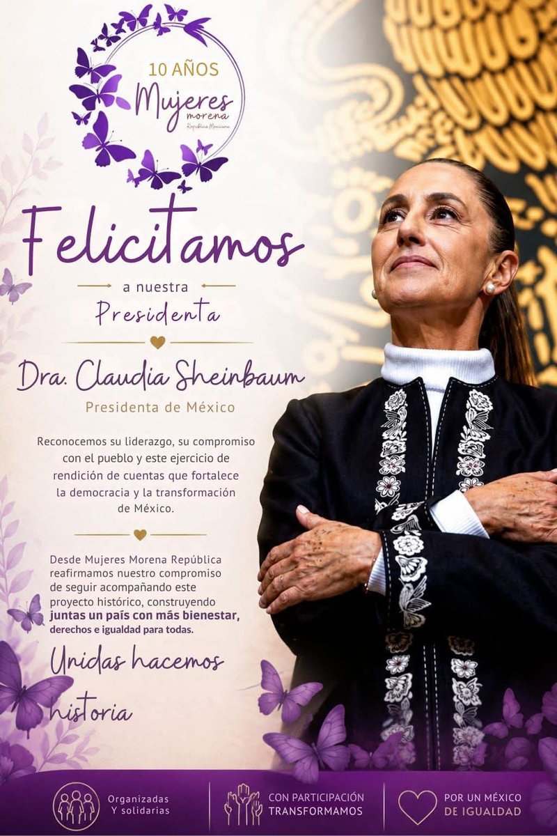 MMRepublica's tweet photo. 💜 Felicitamos a nuestra #Presidenta, la Dra. Claudia Sheinbaum Pardo, por este ejercicio de rendición de cuentas y cercanía con el pueblo de #México.
En Morena Mujeres República reconocemos su liderazgo, compromiso y trabajo en favor de la transformación.
#ClaudiaDaResultados https://t.co/4nVcSriGB2
