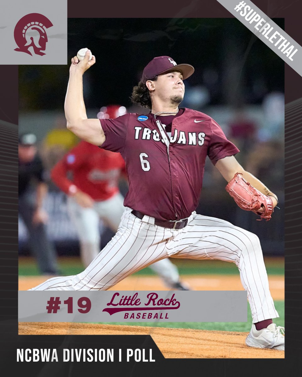 LittleRockBSB's tweet photo. 📈 From Hattiesburg Regional Champions to Top 20 in the nation.

The Little Rock Trojans are ranked No. 19 in the latest NCBWA poll after making history with their Hattiesburg Regional title and advancing to the program’s first-ever Super Regional. The climb continues.🔥⚾️ https://t.co/2nQTPU9jlV