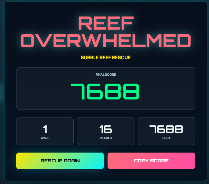 whoschadwick's tweet photo. Game 16/30 - Bubble Reef Rescue - Pilot a tiny reef sub, blast drifting plastic, pulse mines away, collect pearls, and keep the coral alive through endless cleanup waves.
https://t.co/UHyXNoH78t https://t.co/jB1ap3CFCI