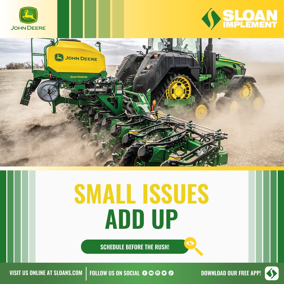 sloanimplement's tweet photo. Small planter issues can become bigger headaches next spring. Schedule a post-season inspection now to check meters, row units, and wear points before the rush.
Get ahead of downtime with a scheduled inspection.
#SloanImplement #PlanterInspection #FarmService https://t.co/lwoz2Ruk2m