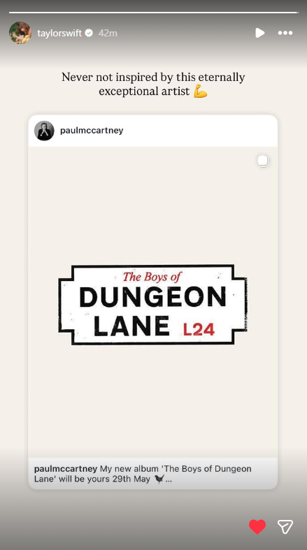 MichelleRi65765's tweet photo. Taylor Swift praises Paul McCartney &amp; his new album, The Boys of Dungeon Lane, in her Instagram stories this hour 🫰:

"Never not inspired by this eternally exceptional artist  💪" https://t.co/1m6jJmVvoN