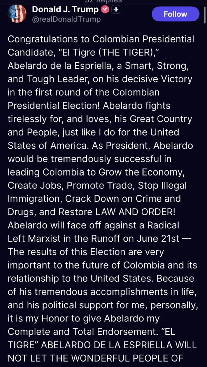 ByViral24's tweet photo. 🚨🇨🇴🇺🇸 ATENCIÓN. Donald Trump da espaldarazo a la campaña de @ABDELAESPRIELLA https://t.co/bVF4laO1yo