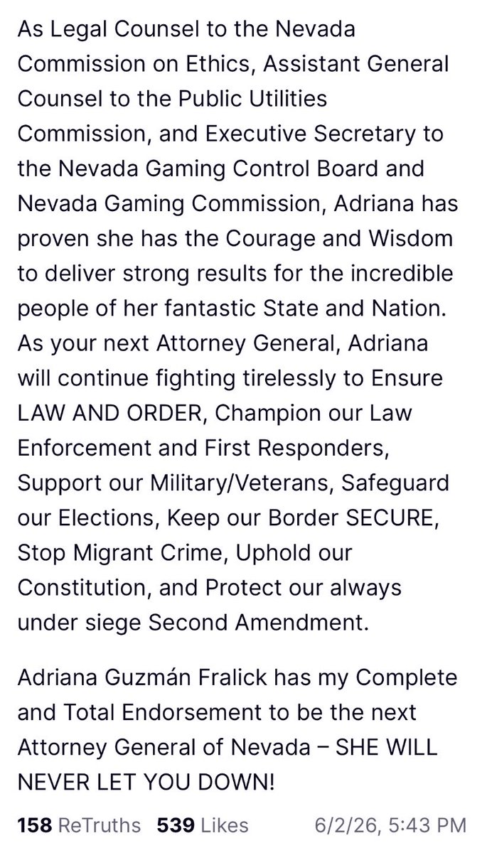 AdrianaForNV's tweet photo. Thank you for your support, President @realDonaldTrump!

We're fighting to end the lawfare in our Attorney General's office, stop California fuel policies from driving up Nevadans' fuel prices, and prosecute voter fraud.

I will not let you down! https://t.co/BC7Z8CI0rS