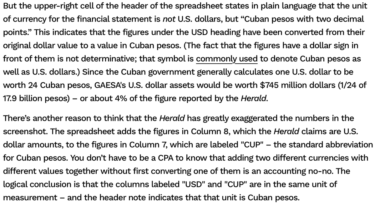 bburdge's tweet photo. Marco Rubio is lying about GAESA hoarding $18 billion while the Cuban people suffer.

The number comes from an unverifiable Miami Herald report on "leaked" GAESA documents. MH failed to convert USD transactions to Cuban pesos, the listed unit of measurement in the spreadsheet. https://t.co/0j9rkdbnuD