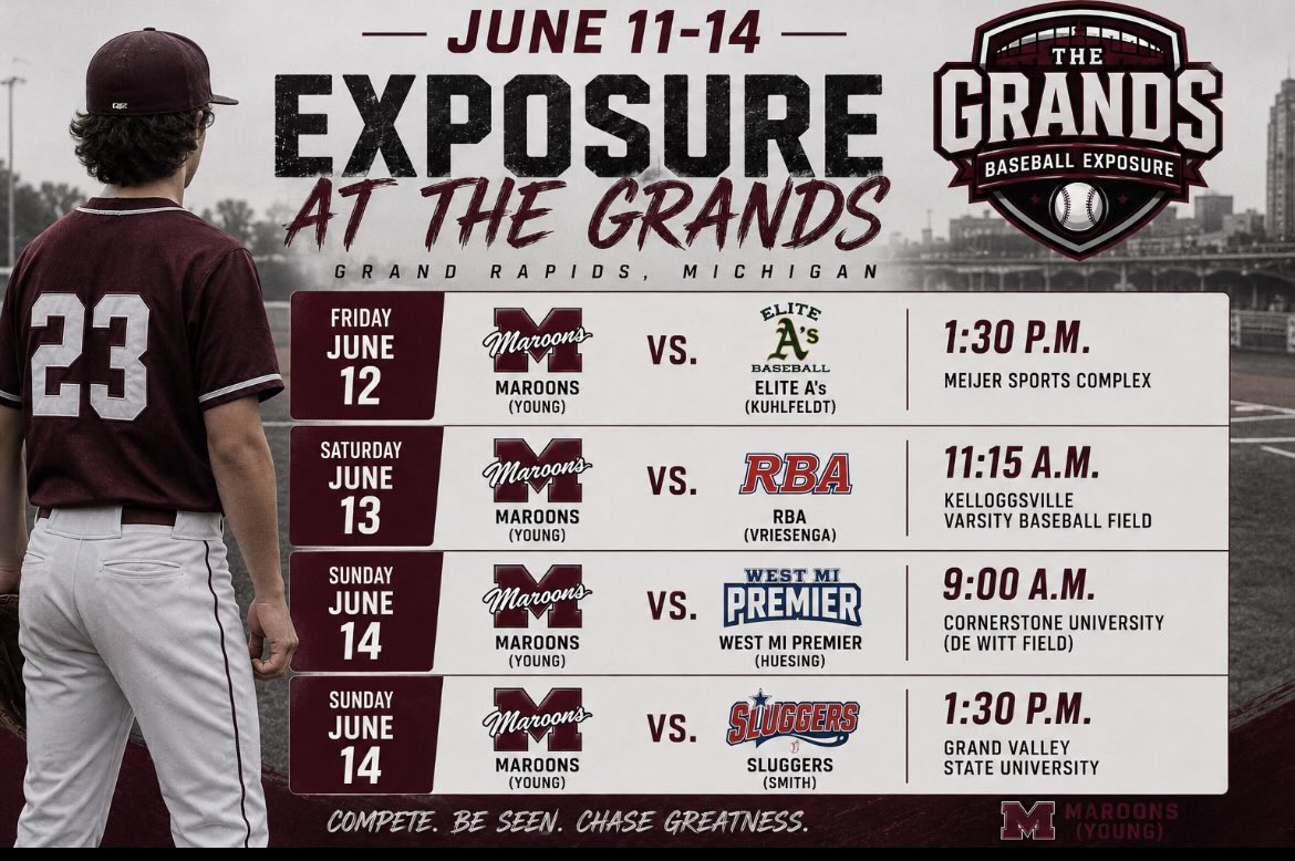 aidenstarn5's tweet photo. Excited to compete at the Exposure at The Grands event in Grand Rapids, MI on June 12-14 with the Kalamazoo Maroons 18U. Looking forward to playing against top competition and continuing to develop my game in front of college coaches and recruiters. #BaseballRecruiting #Recruit https://t.co/OAdtMwn7kW