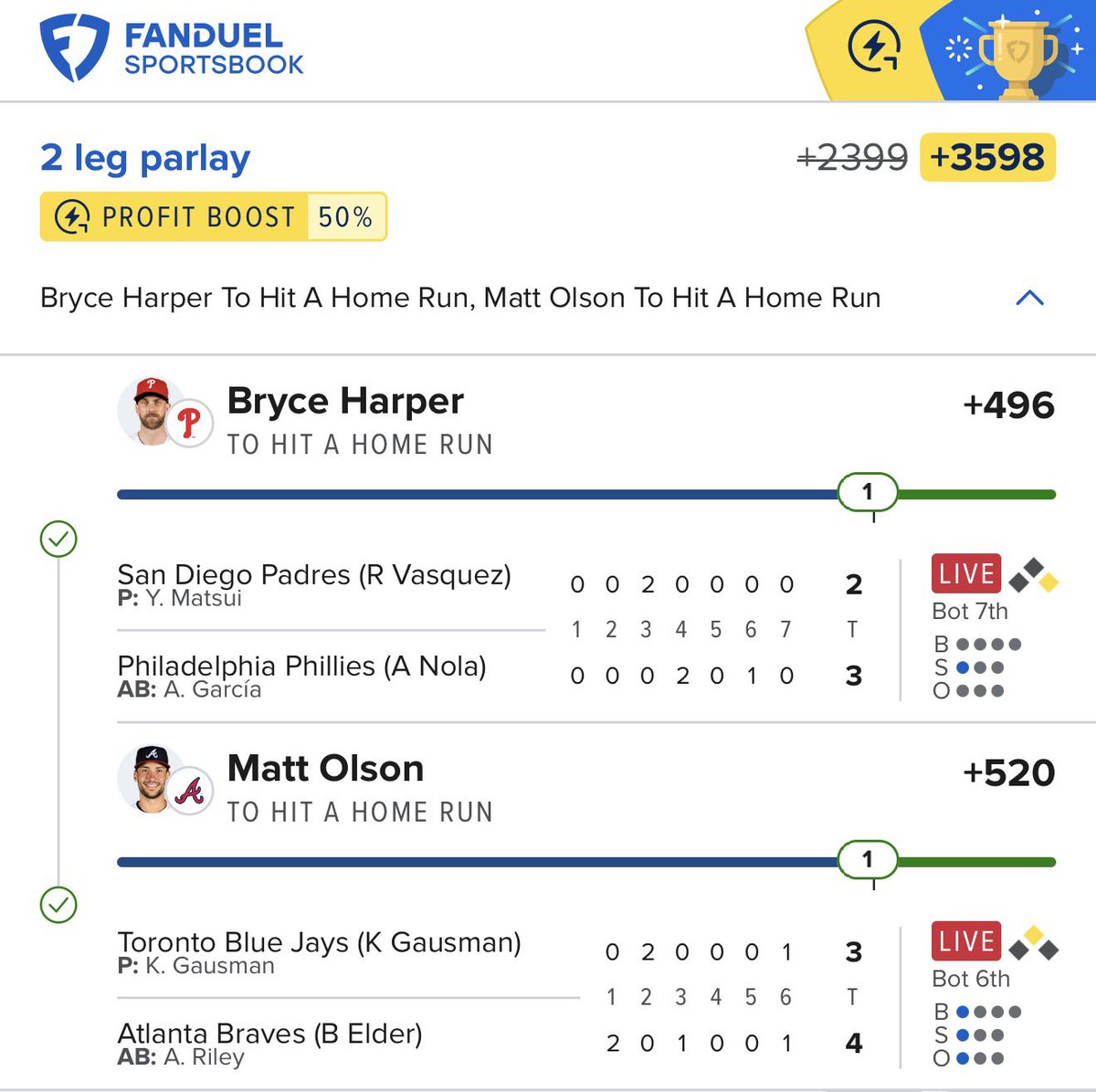 RBsSportsPlays's tweet photo. LIKE/RETWEET $100 TO 4 PEOPLE 🍾 

HOLY SHITTTTT BABYYYYY

WE JUST SMACKED THE BOOKS!!!!!

BRYCE HARPER✅
MATT OLSEN✅
NICK KURTZ✅

2 DINGER LOTTOS = 17 RACKS 🤯 

I NEED TO KNOW WHO IS DANCING 🕺🏻 https://t.co/3o1o6B3XV5