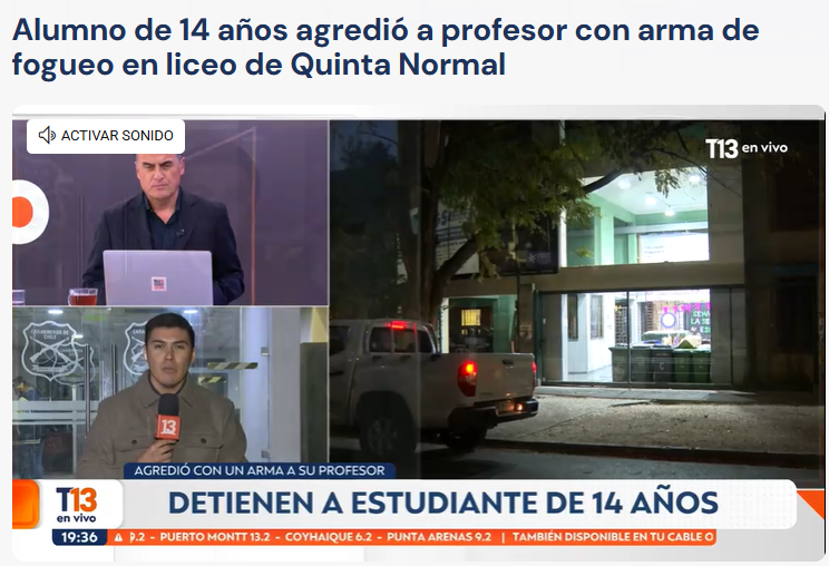 Iherreraa's tweet photo. Y mientras la izquierda intenta llevar la ley Escuelas Protegidas al TC, y dice que no previene la violencia, un alumno de 14 años le disparaba a un profesor.  Dato mata relato. https://t.co/fCyXj3l4mO