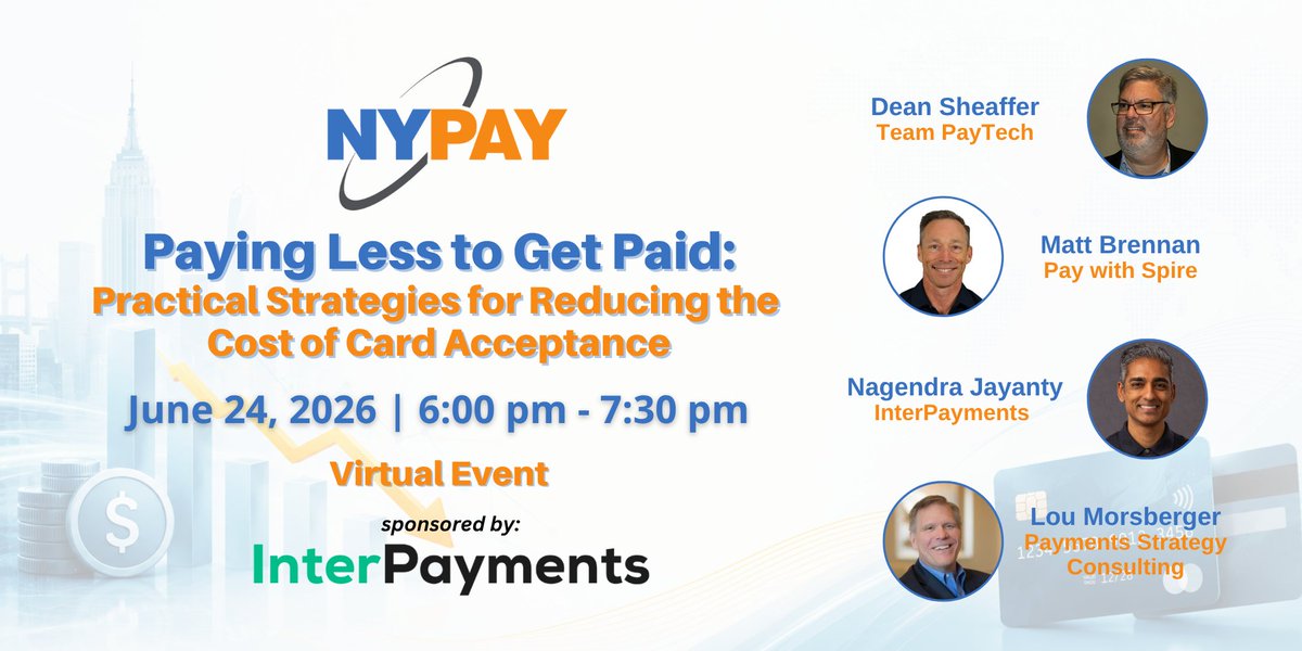 NYPAYGROUP's tweet photo. Attend and Explore New Strategies for Lower Payment Fees.

Speaking:
Dean Sheaffer, Team PayTech
Matt Brennan, @paywithspire
Nagendra Jayanty, InterPayments
Lou Morsberger, Payments Strategy Consulting 

https://t.co/8nk9EmEDK9

#NYPAY #MerchantPayments #PayByBank https://t.co/IMpYeDHWkL