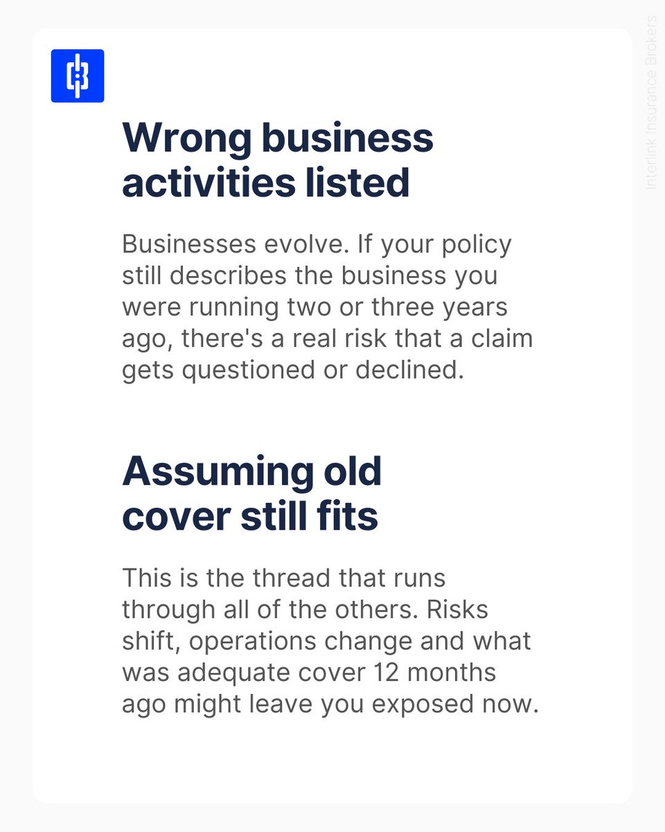 InterlinkAU's tweet photo. Your policy might have been perfect when it was placed. But is it still right for your business today?

Here are four gaps we keep finding during insurance reviews. ➡️

#insurancebrokers #insurance #riskmanagement https://t.co/wIpa0aFwXh