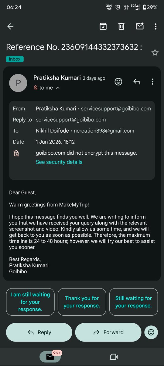 NikhilCreatio19's tweet photo. @GoibiboSupport @makemytripcare you committed me you will connect mw within 48 hr already 60 hr passed but still no response from your side. And when I am doing try then you are not responding my text aslo !  Why why ? Now i need to go consumer court. Patience aslo have limit https://t.co/ui1S8d0LZJ